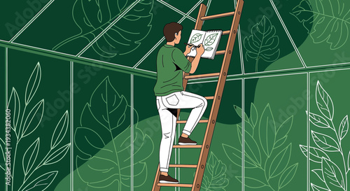 Botanist Sketches Leaves in Greenhouse, Studying Plant Growth