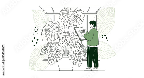 Botanist Sketching Large Monstera Plant in Greenhouse Illustration