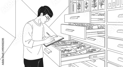 Botanist Studying Plant Specimens in Archive Drawer
