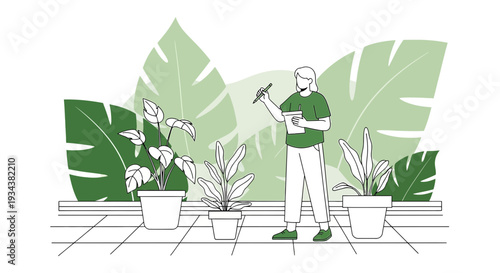 Botanist Studying Plants in Greenhouse: Vector Illustration