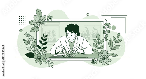 Botanist studying plants on computer screen, surrounded by leaves and flowers