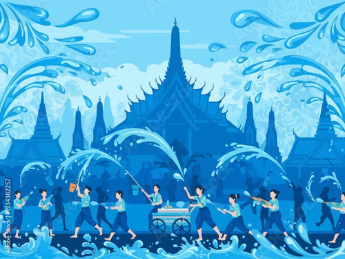 People celebrating Songkran festival with water guns and buckets.