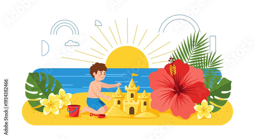 Boy Building Sandcastle on Tropical Beach with Hibiscus Flower and Sun