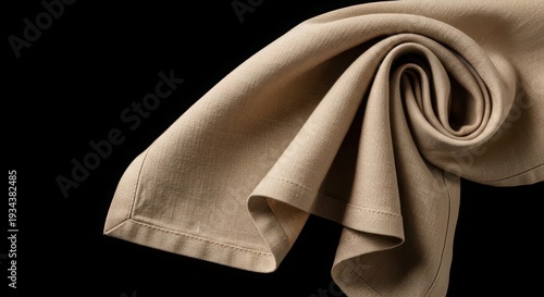 Beige cloth napkin folded in a decorative way on black