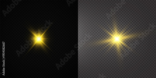 Glowing Golden Star Light Effect with Sparkle Rays and Lens Flare Illumination on Transparent Background