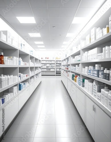 An interior shot of a pharmacy with numerous shelves filled with pharmaceutical products. The view is from a central aisle