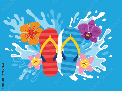 Colorful Flip Flops with Tropical Flowers and Water Splashes.