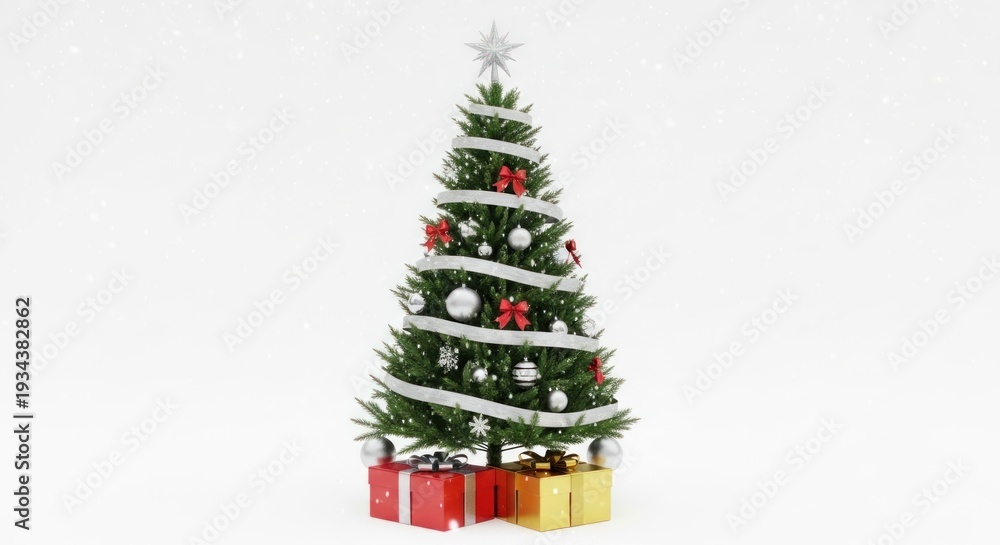 Obraz premium Decorated tree with presents, silvery ribbons, and star