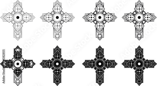 Ornate Celtic cross vector set with geometric patterns, gothic religious symbols in black and white line art and silhouette styles,