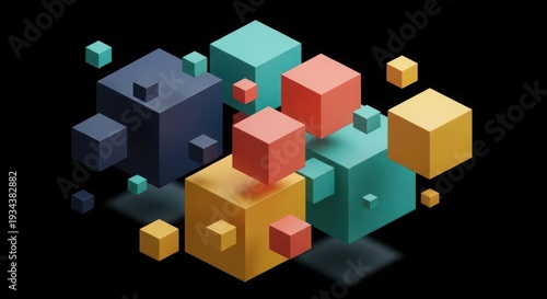 Colorful 3D cubes floating on black background