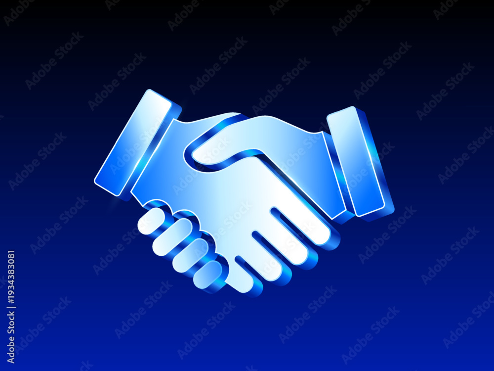 Fototapeta premium 3d Modern blue gradient handshake icon symbolizing partnership, agreement, trust, and business collaboration on a dark blue background. Vector illustration