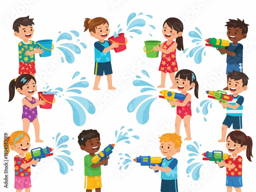 Children happily playing with water guns and buckets during a water fight.