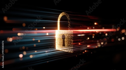 Digital security concept with glowing lock symbol surrounded by vibrant colorful light streams representing data protection and encryption technologies