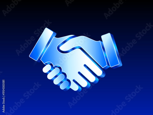 3d Modern blue gradient handshake icon symbolizing partnership, agreement, trust, and business collaboration on a dark blue background. Vector illustration