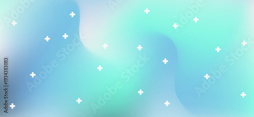 Minimal medical themed backdrop with smooth wavy shapes and tiny white pixel cross symbols. Calm gradient of mint, aqua blue, cyan and pale teal tones. Clean modern background for healthcare branding