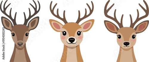 Three cute deer head characters with antlers vector illustration set featuring different brown shades and friendly faces isolated on white.