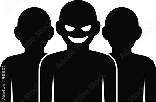 Three mysterious black silhouettes of male figures featuring one central character with a menacing glowing white smile and eyes, vector.