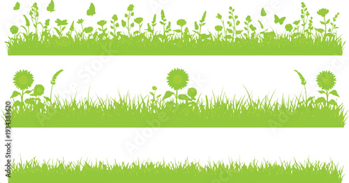 Bright green grass and flower silhouettes set against a clean white background, featuring butterflies and sunflowers in three distinct horizontal borders.