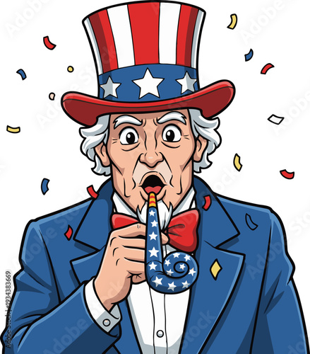 Uncle Sam Celebrating with Party Blower and Confetti.