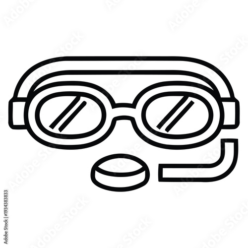 Black line drawing of scuba diving goggles and snorkel on white background