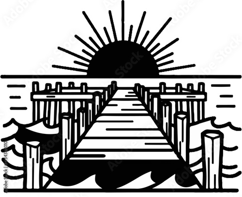 Sun rising over a pier extending into the sea, waves lap at the posts