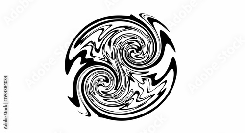 Swirling black ink patterns form three interlaced spirals on a white background