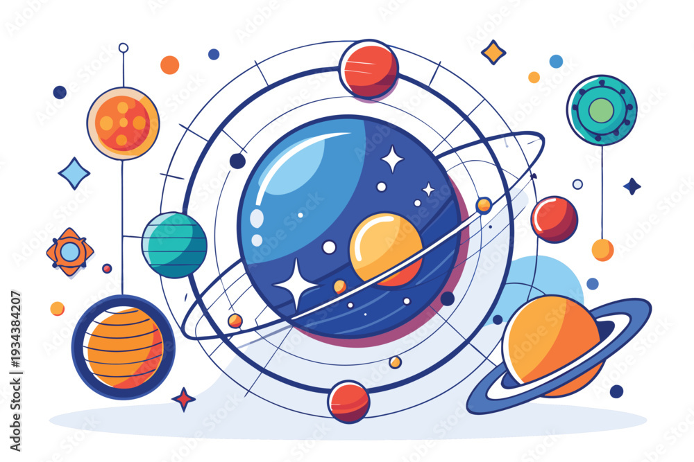 Obraz premium 3D vector illustration of a global network concept featuring a space shuttle launch with circles and technology elements, providing a science pattern with ample space for your text and design
