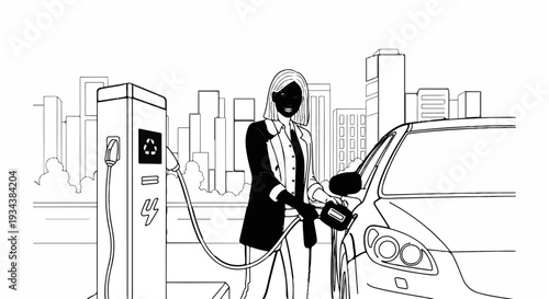 Woman charges electric car at city station, buildings in background