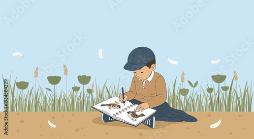 Boy Drawing Birds in Sketchbook Outdoors
