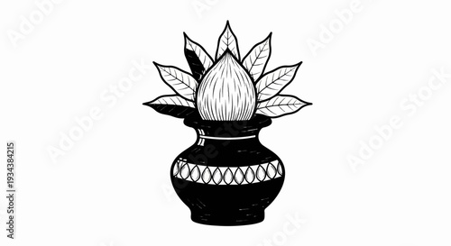 A black and white drawing of a pot with a coconut and leaves