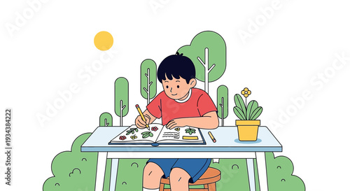 Boy Drawing Nature Sketchbook Outdoors: Botanical Study, Creative Hobby, Summer Day
