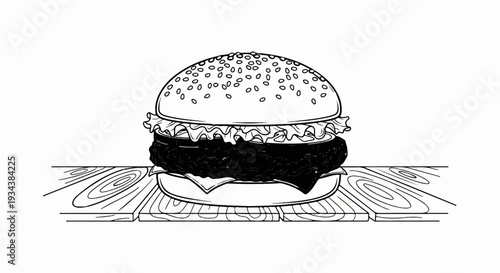 A black and white illustration of a hearty, stacked burger on a wooden surface