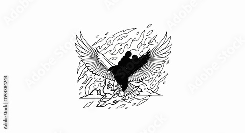 A black bird with wide wings spread, flying through flames and smoke