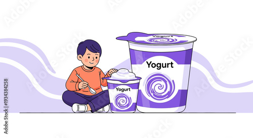 Boy Eating Yogurt Next to Large Yogurt Containers