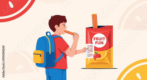 Boy Eating Fruit Snack Stick from Fun Pack with Backpack