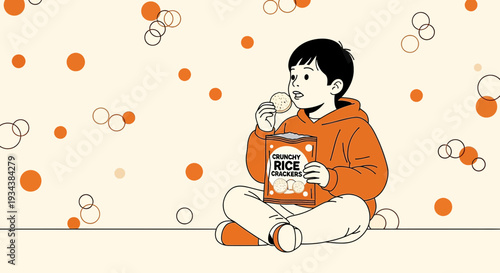 Boy Eats Crunchy Rice Crackers, Happy Childhood Snack Time