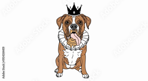 A dog wearing a crown and ruff, eating a pastry with its tongue