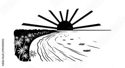 A stylized black and white drawing of a coastal scene at sunrise with palm trees and boats
