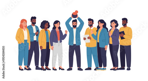 Diverse Business Team Celebrating Success with Trophy. Inclusive Professionals Achieving Goals Together. Collaboration and Leadership Vector Illustration.