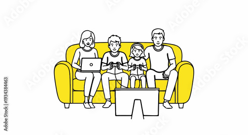 A family enjoys leisure time together playing video games and using a laptop on a sofa