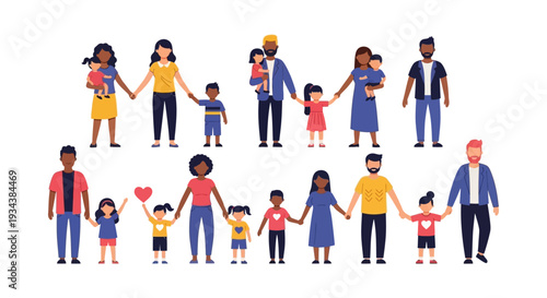 Diverse Families and Parents with Children Holding Hands - Unity, Love & Community Illustration