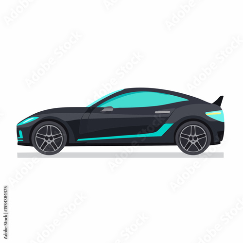 Dynamic illustration of a modern black sports car with striking turquoise design elements, showcasing speed and futuristic automotive styling