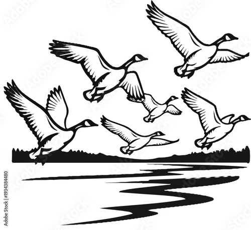 A flock of geese in flight over a body of water with land in the background