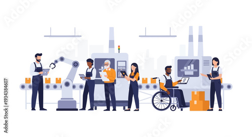 Industry 4.0: Diverse Workforce Overseeing Automated Factory Production, Robotics & Digital Management