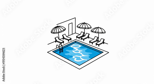 A simplified drawing of a swimming pool with lounge chairs and umbrellas