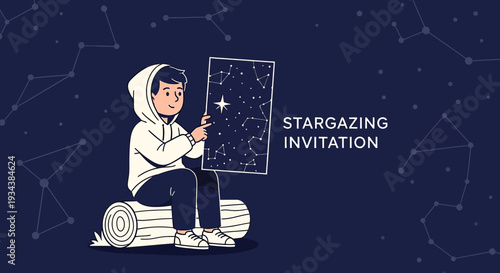 Boy Holds Constellation Map Under Starry Night Sky