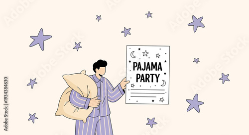 Boy in Pajamas Holding Pillow, Inviting to Pajama Party with Stars