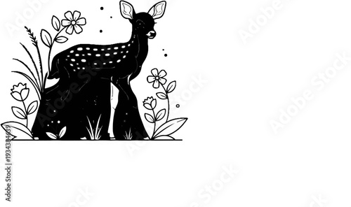 A young deer stands in a field with flowers and grass