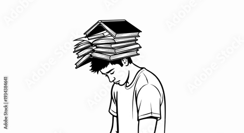 A young person with a pile of books balanced precariously on their head