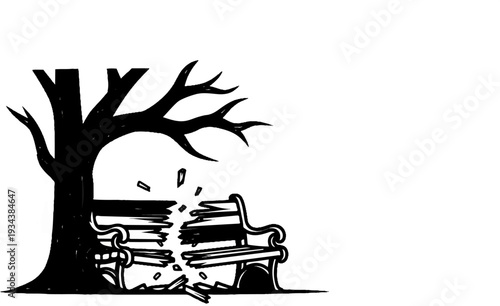 A solitary tree stands beside a broken park bench, with debris scattered around